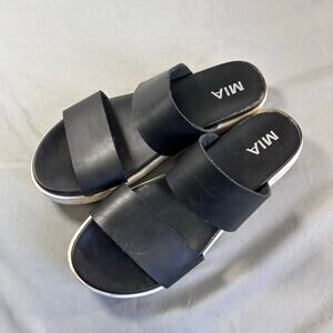 MIA Women's Black Leather two strap slip on sandals size 8